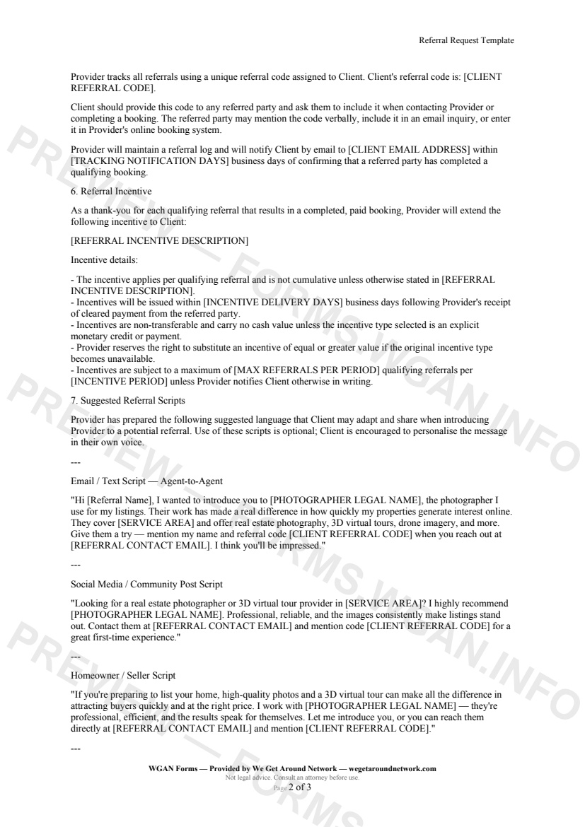 Referral Request Template — page 2 preview covering Referral Incentive, Suggested Referral Scripts, Thank-You Acknowledgement