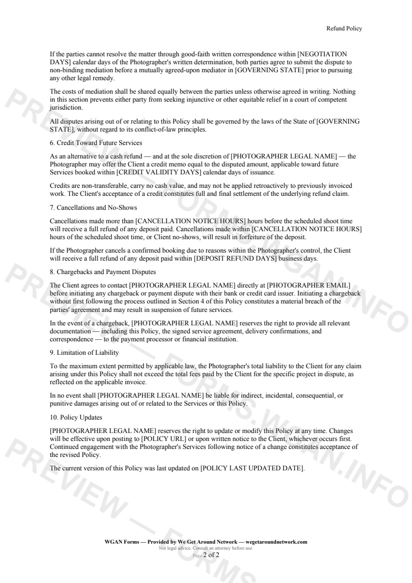 Refund Policy — page 2 preview covering Credit Toward Future Services, Cancellations and No-Shows, Chargebacks and Payment Disputes
