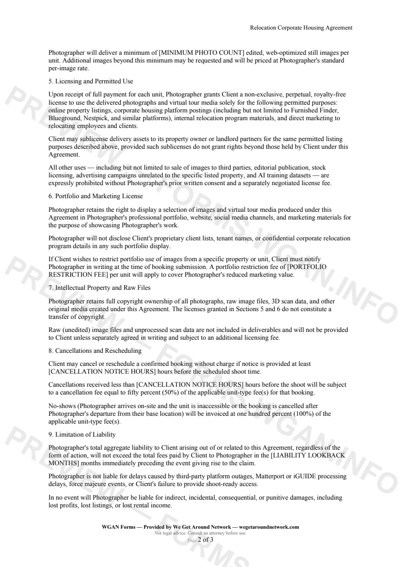 Relocation Corporate Housing Agreement — page 2 preview covering 8. Cancellations and Rescheduling, 9. Limitation of Liability, 10. Indemnification
