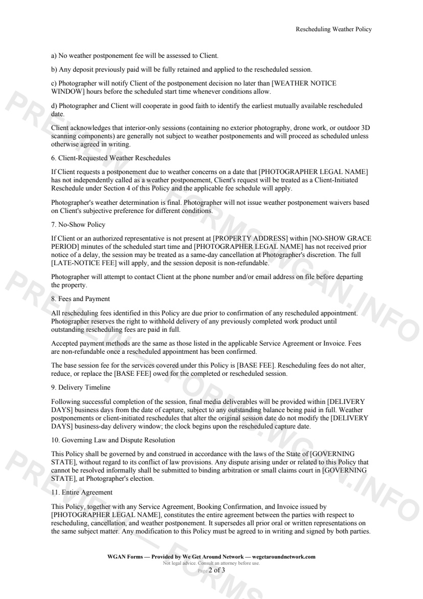 Rescheduling Weather Policy — page 2 preview covering No-Show Policy, Fees and Payment, Delivery Timeline