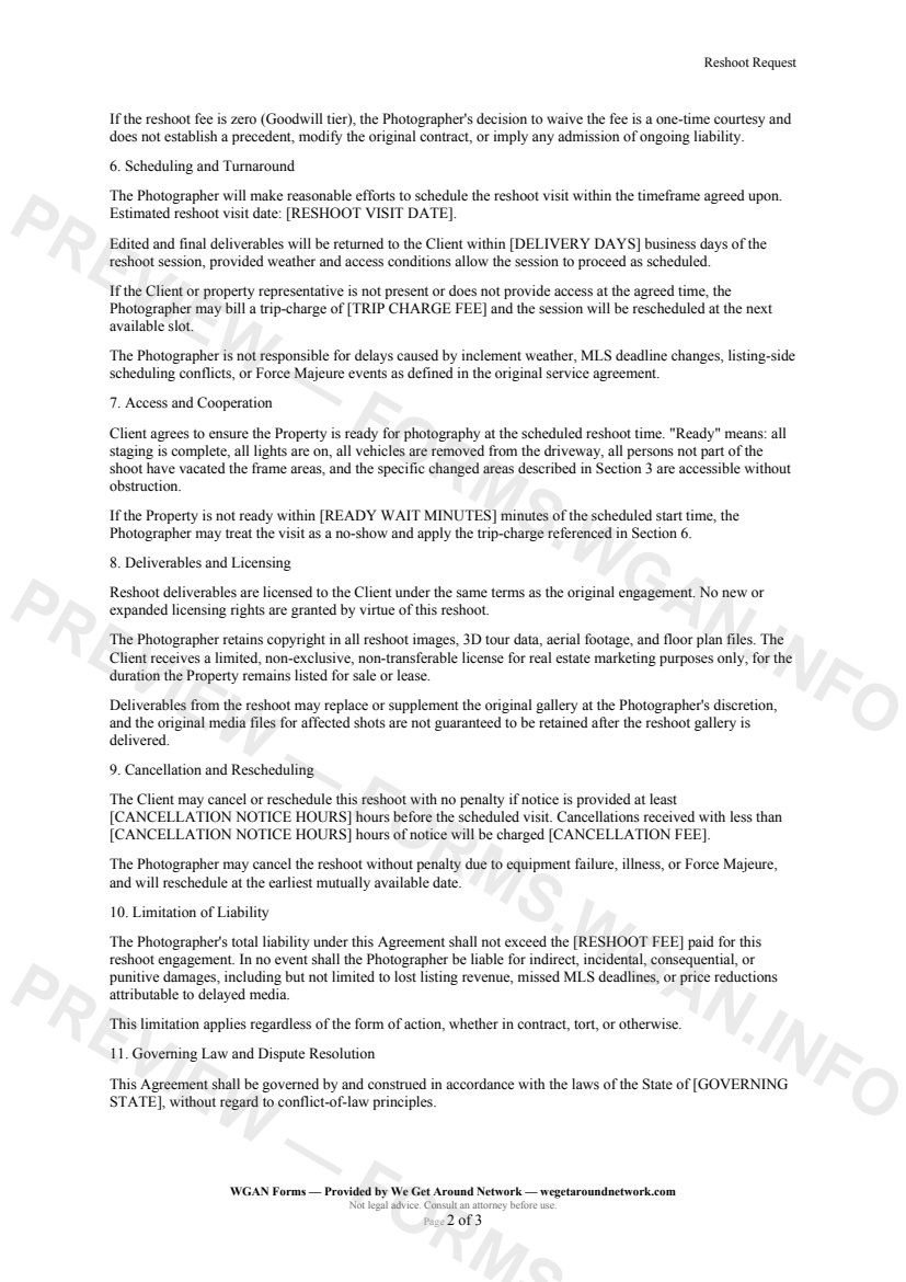 Reshoot Request — page 2 preview covering Access and Cooperation, Deliverables and Licensing, Cancellation and Rescheduling