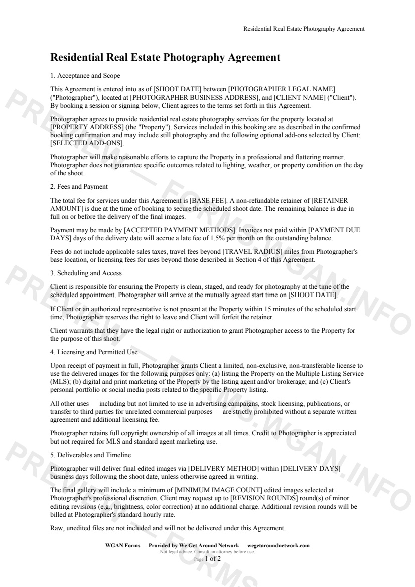 Residential Real Estate Photography Agreement — page 1 preview covering Acceptance and Scope, Fees and Payment, Scheduling and Access