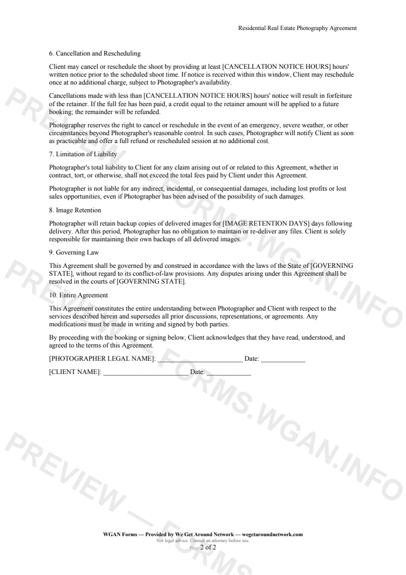 Residential Real Estate Photography Agreement — page 2 preview covering Cancellation and Rescheduling, Limitation of Liability, Image Retention