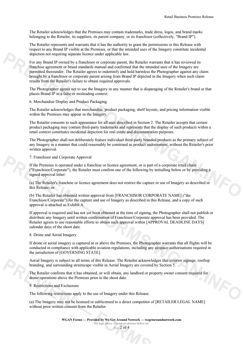 Retail Business Premises Release — page 2 preview covering Restrictions and Exclusions, Delivery and Format, Ownership and Licence