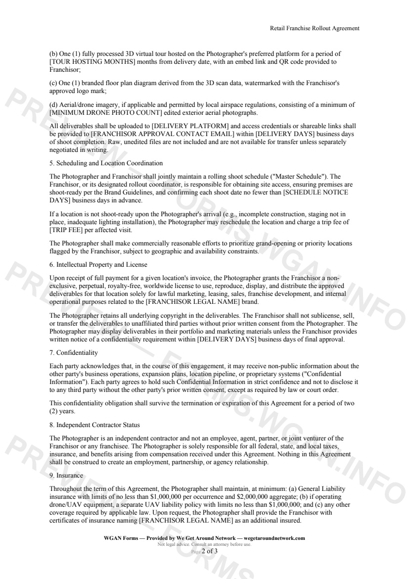 Retail Franchise Rollout Agreement — page 2 preview covering Independent Contractor Status, Insurance, Limitation of Liability