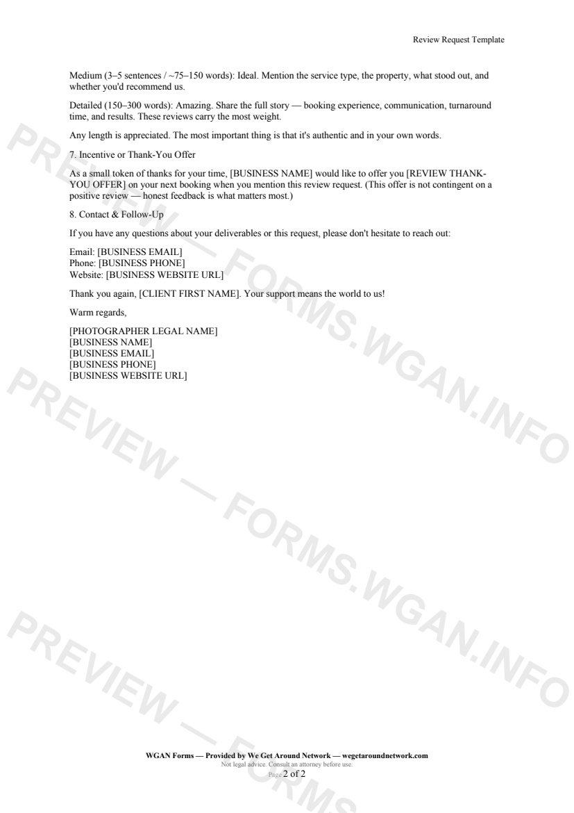 Review Request Template — page 2 preview covering Suggested Review Language (Feel Free to Copy & Edit), Review Length Guidance, Incentive or Thank-You Offer