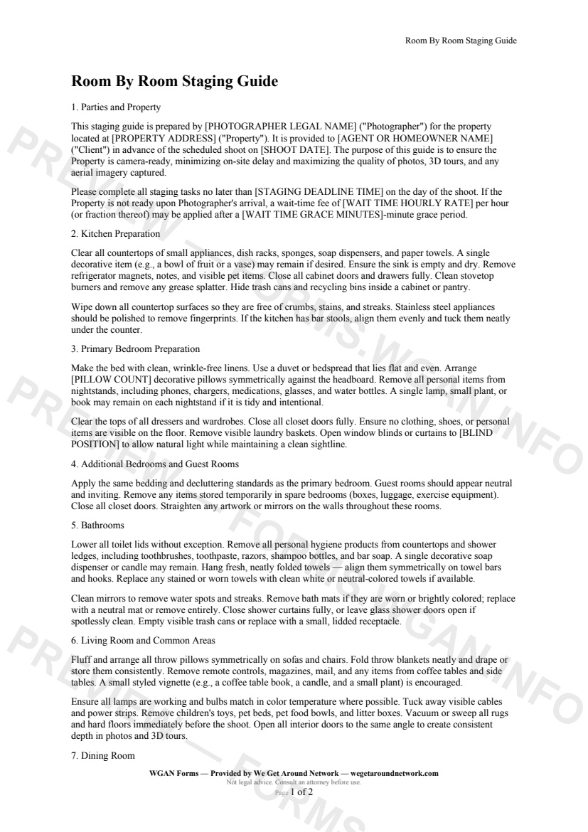 Room By Room Staging Guide — page 1 preview covering 1. Parties and Property, 2. Kitchen Preparation, 3. Primary Bedroom Preparation