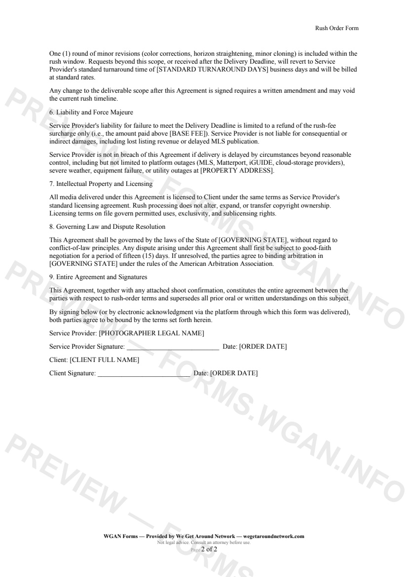 Rush Order Form — page 2 preview covering 6. Liability and Force Majeure, 7. Intellectual Property and Licensing, 8. Governing Law and Dispute Resolution