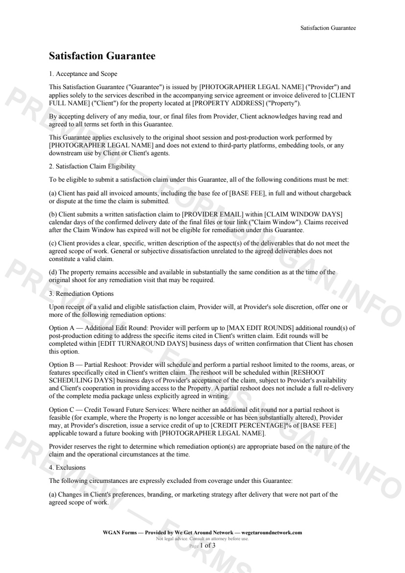 Satisfaction Guarantee — page 1 preview covering Acceptance and Scope, Satisfaction Claim Eligibility, Remediation Options