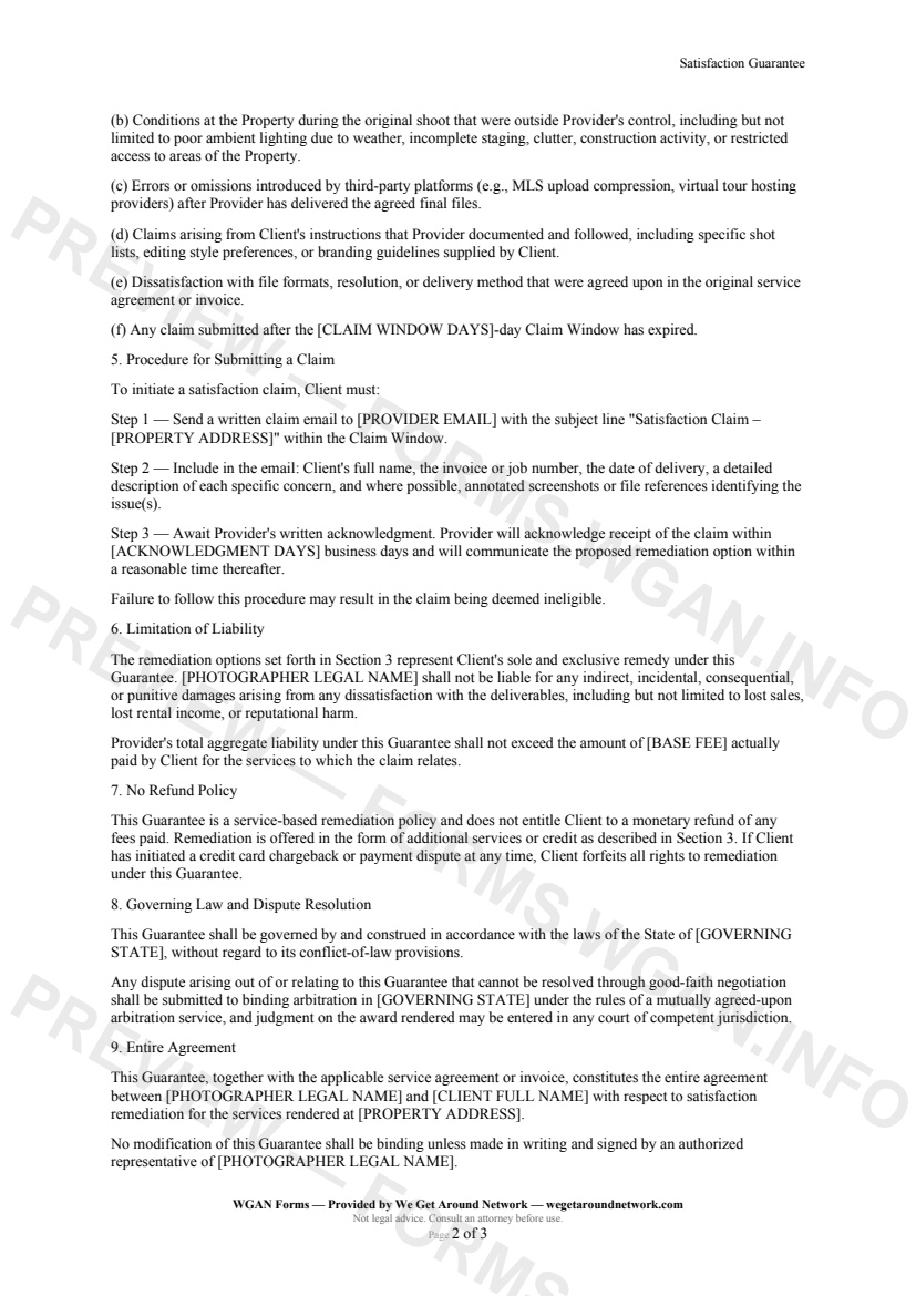 Satisfaction Guarantee — page 2 preview covering Limitation of Liability, No Refund Policy, Governing Law and Dispute Resolution