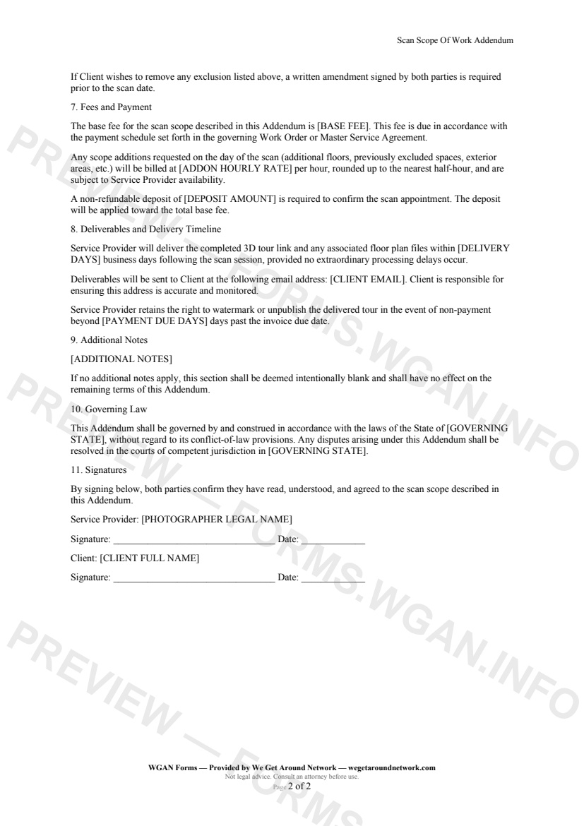 Scan Scope Of Work Addendum — page 2 preview covering Fees and Payment, Deliverables and Delivery Timeline, Additional Notes