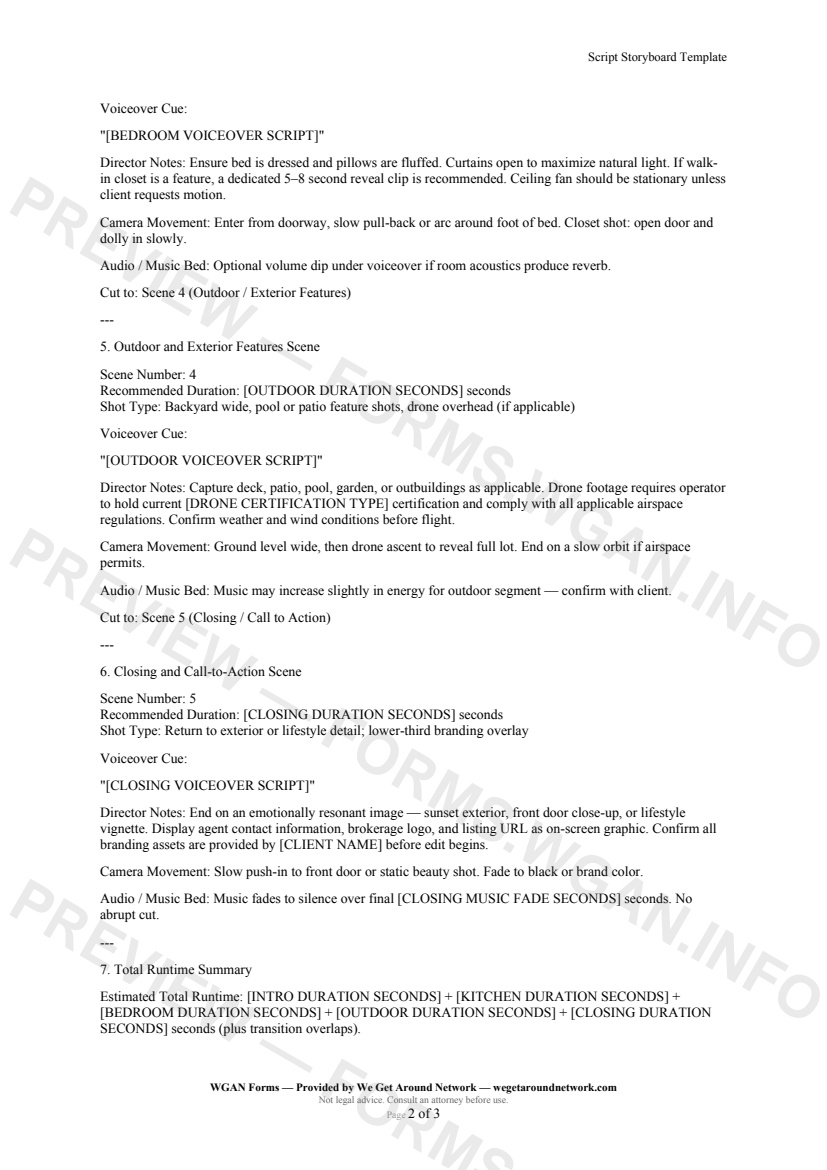 Script Storyboard Template — page 2 preview covering Outdoor and Exterior Features Scene, Closing and Call-to-Action Scene, Total Runtime Summary