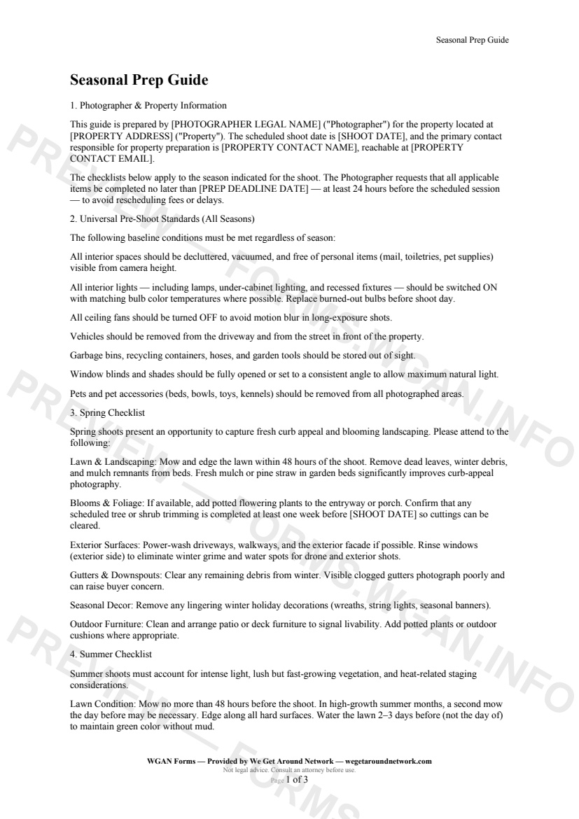 Seasonal Prep Guide — page 1 preview covering Photographer & Property Information, Universal Pre-Shoot Standards (All Seasons), Spring Checklist