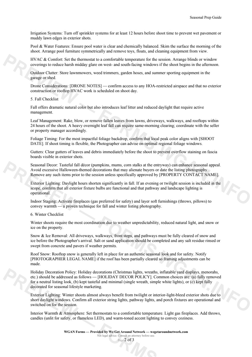 Seasonal Prep Guide — page 2 preview covering Fall Checklist, Winter Checklist, Rescheduling & Weather Policy