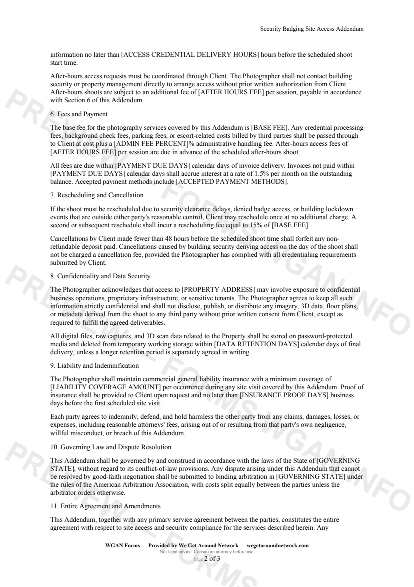 Security Badging Site Access Addendum — page 2 preview covering Rescheduling and Cancellation, Confidentiality and Data Security, Liability and Indemnification