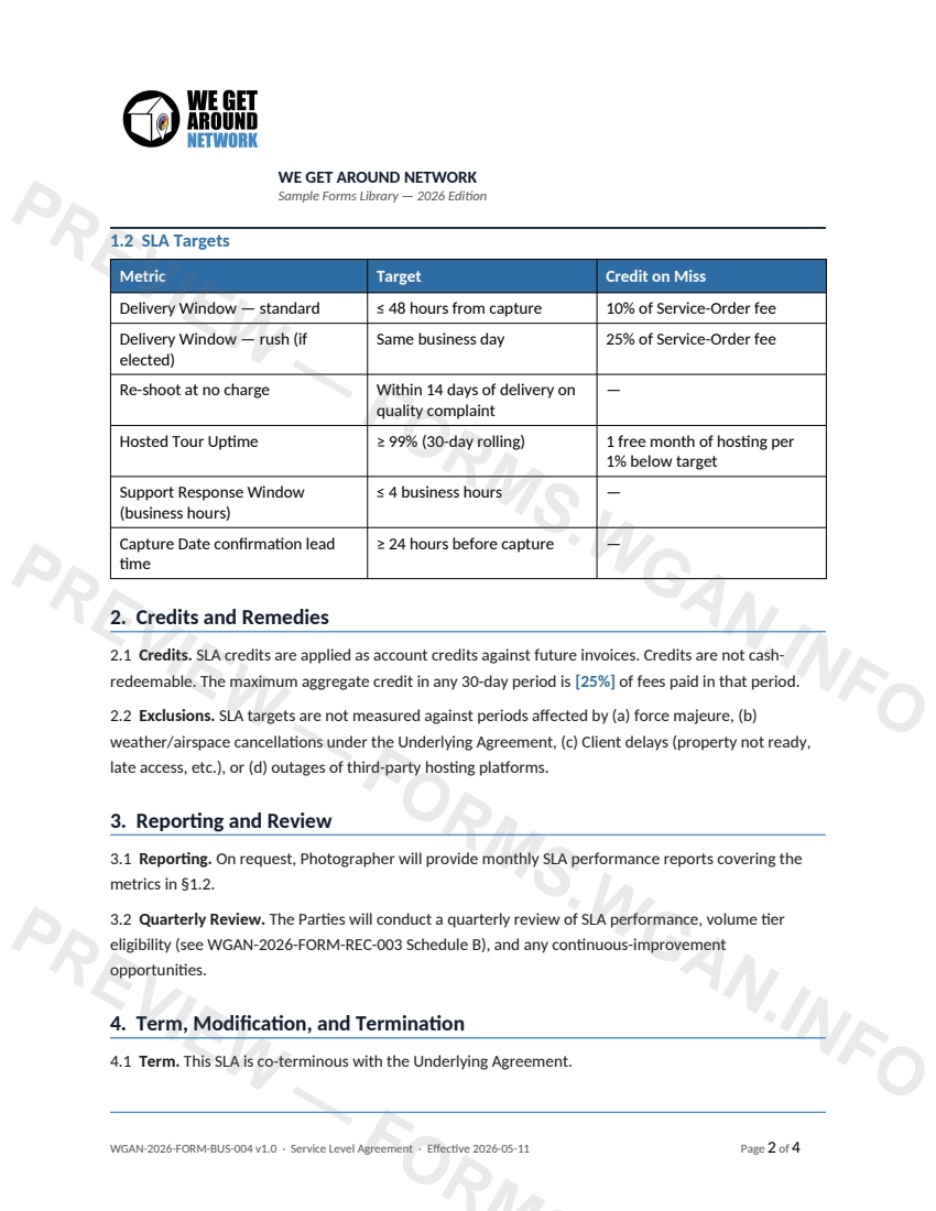 Service Level Agreement — page 2 preview covering Warranty and Disclaimer, Limitation of Liability, Governing Law and General Provisions