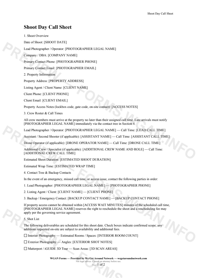 Shoot Day Call Sheet — page 1 preview covering Shoot Overview, Property Information, Crew Roster & Call Times