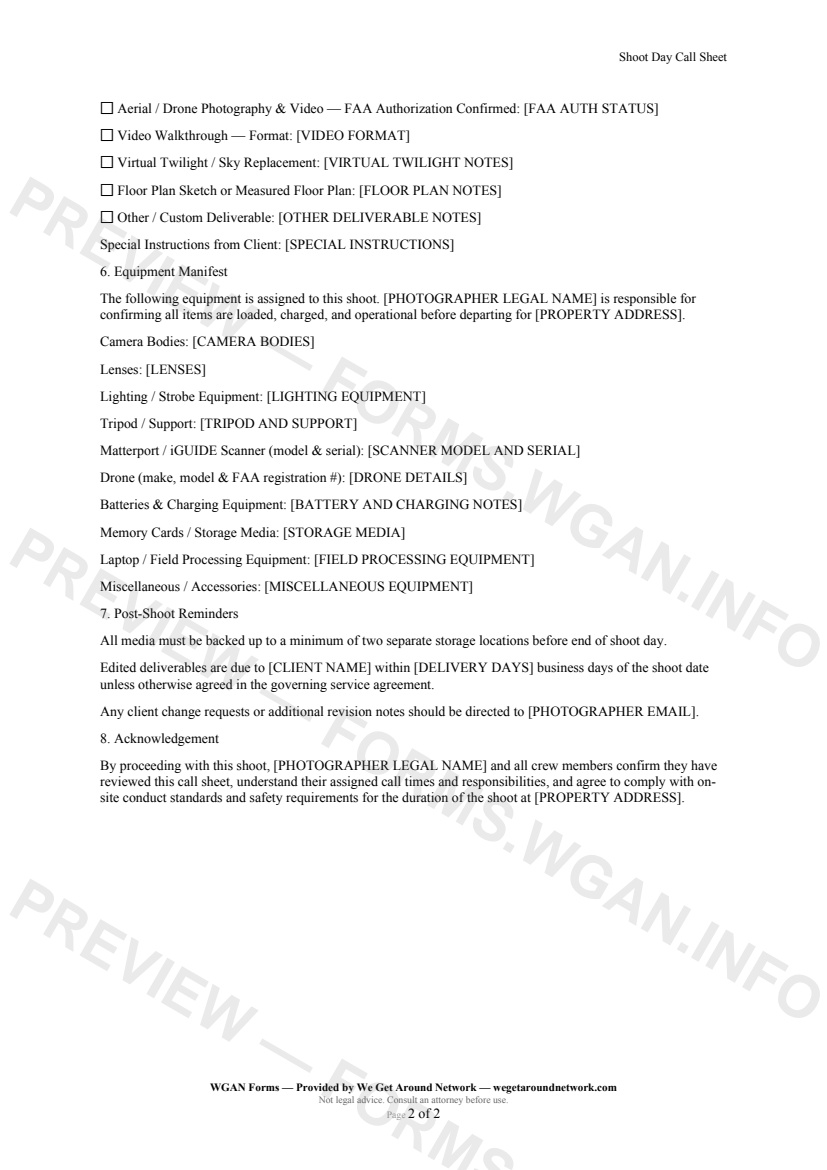Shoot Day Call Sheet — page 2 preview covering Shot List, Equipment Manifest, Post-Shoot Reminders
