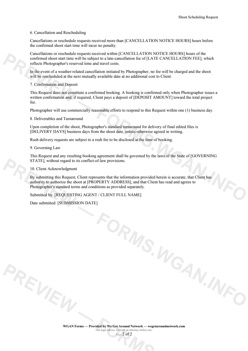 Shoot Scheduling Request — page 2 preview covering Cancellation and Rescheduling, Confirmation and Deposit, Deliverables and Turnaround