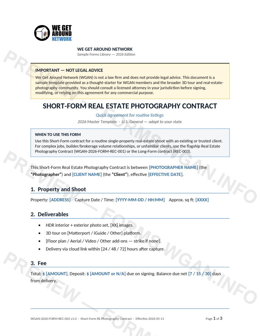 Short-Form Real Estate Photography Contract — page 1 preview covering 1. Property and Shoot, 2. Deliverables, 3. Fee