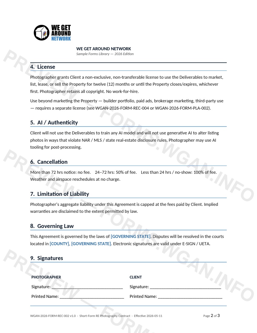 Short-Form Real Estate Photography Contract — page 2 preview covering 6. Cancellation, 7. Limitation of Liability, 8. Governing Law