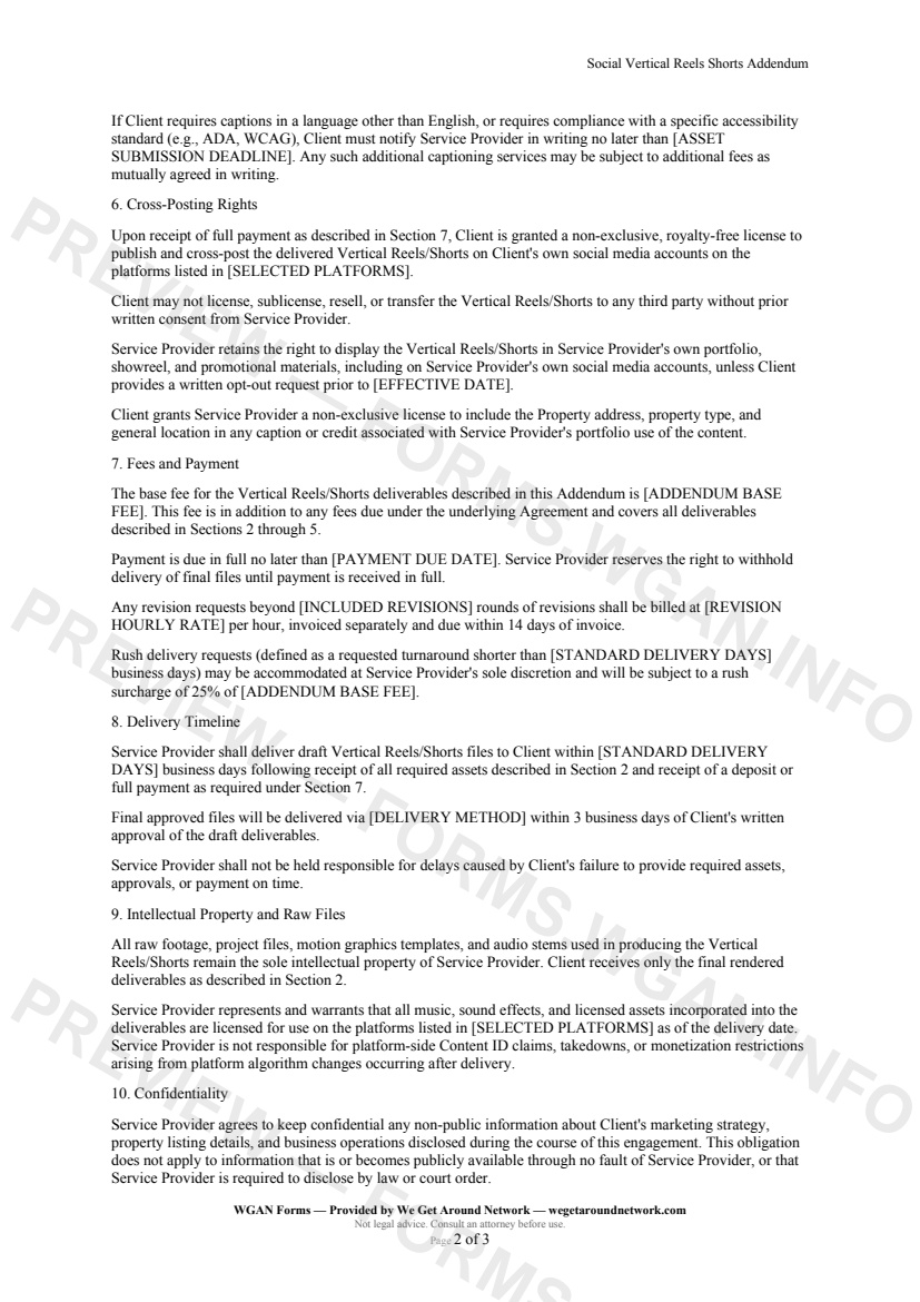 Social Vertical Reels Shorts Addendum — page 2 preview covering Delivery Timeline, Intellectual Property and Raw Files, Confidentiality
