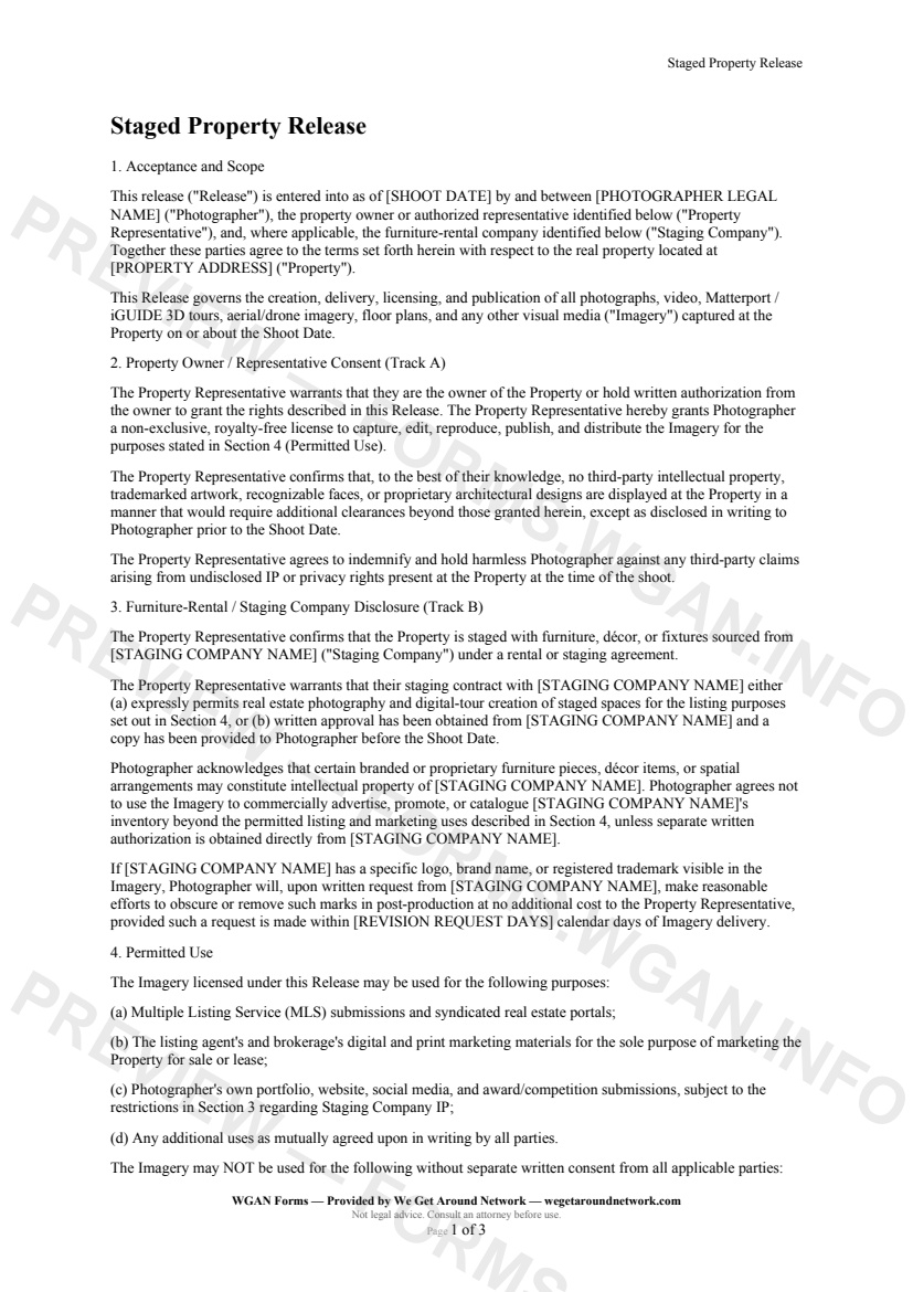 Staged Property Release — page 1 preview covering Acceptance and Scope, Property Owner / Representative Consent (Track A), Furniture-Rental / Staging Company Disclosure (Track B)