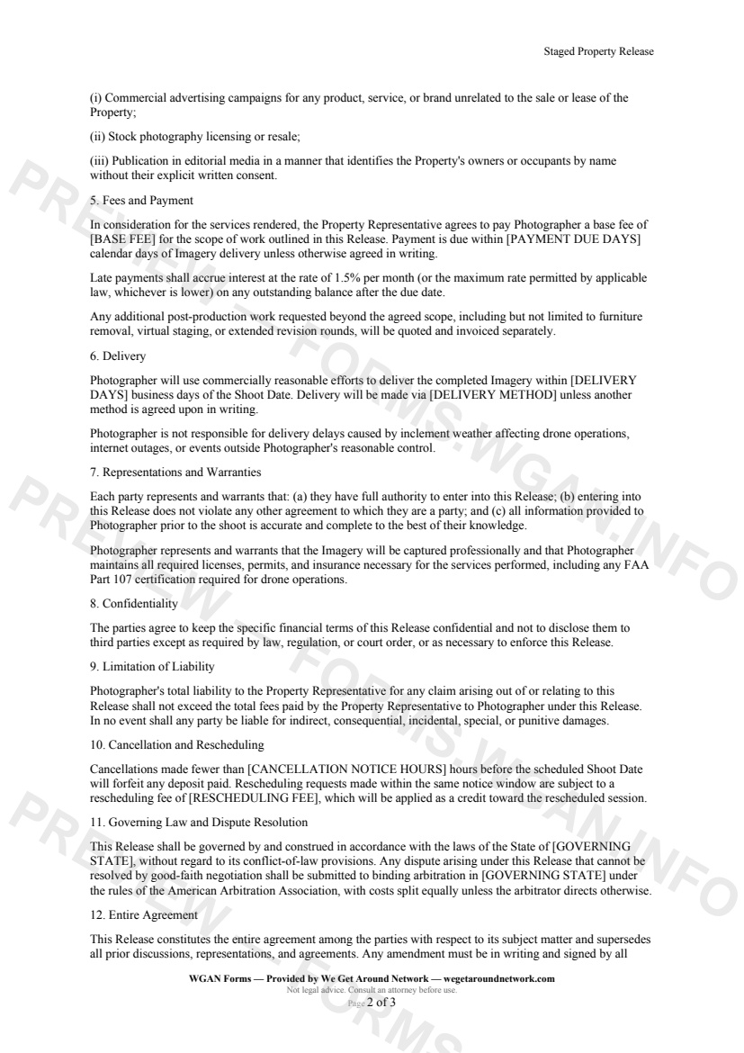 Staged Property Release — page 2 preview covering Confidentiality, Limitation of Liability, Cancellation and Rescheduling