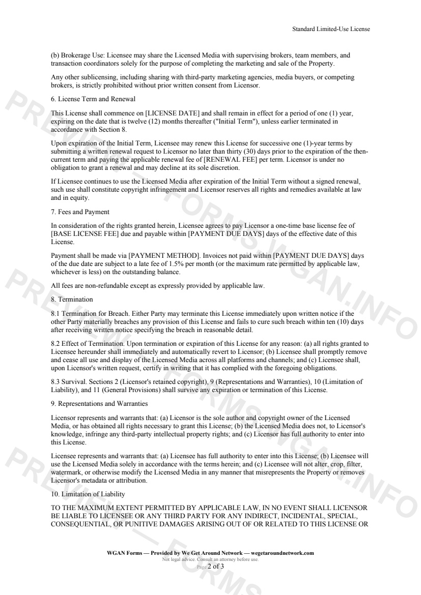 Standard Limited-Use License — page 2 preview covering 7. Fees and Payment, 8. Termination, 9. Representations and Warranties