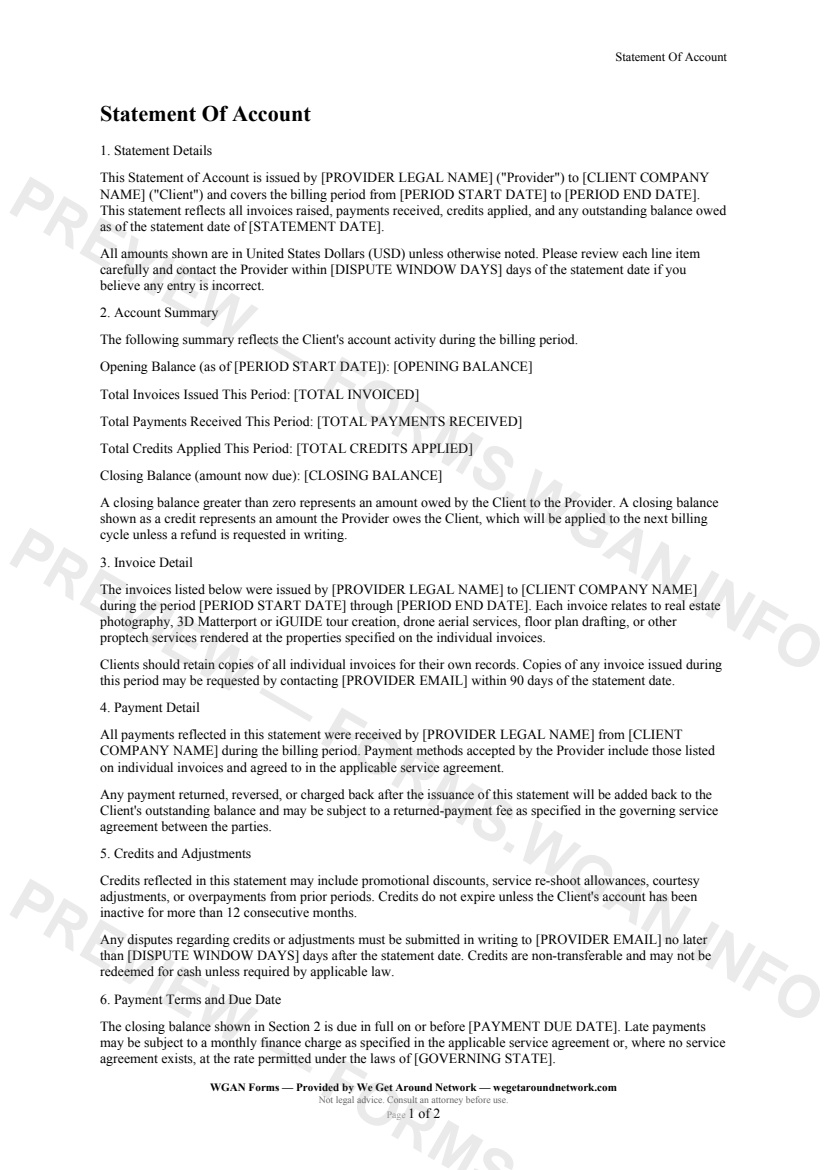 Statement Of Account — page 1 preview covering Statement Details, Account Summary, Invoice Detail