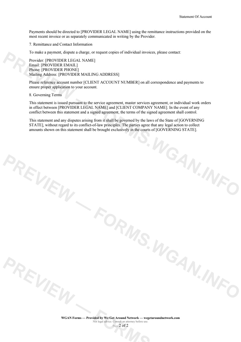 Statement Of Account — page 2 preview covering Credits and Adjustments, Payment Terms and Due Date, Remittance and Contact Information
