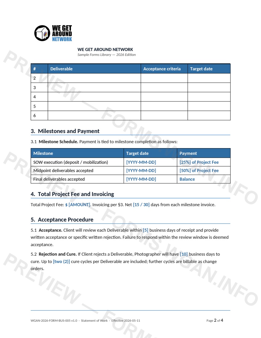 Statement of Work — page 2 preview covering 6. Change Orders, 7. Termination for Convenience and Kill Fees, 8. IP, License, and AI