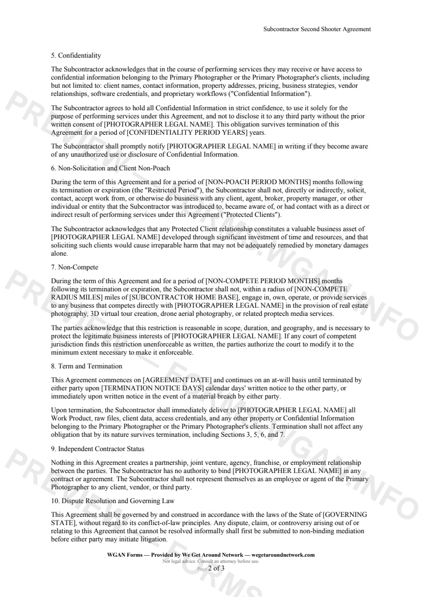 Subcontractor Second Shooter Agreement — page 2 preview covering Non-Compete, Term and Termination, Independent Contractor Status