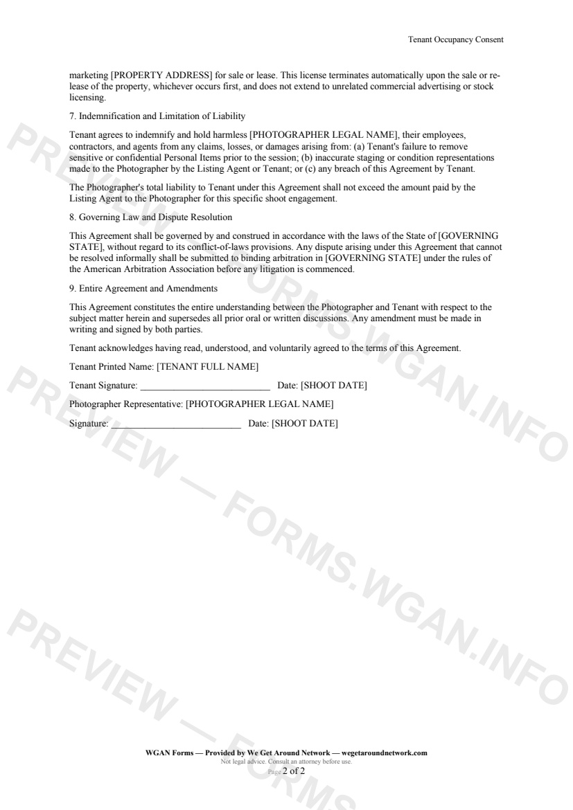 Tenant Occupancy Consent — page 2 preview covering Grant of License, Indemnification and Limitation of Liability, Governing Law and Dispute Resolution
