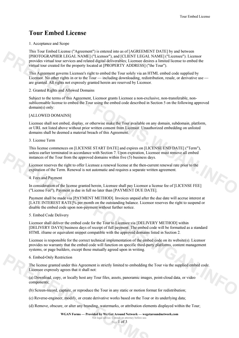 Tour Embed License — page 1 preview covering Acceptance and Scope, Granted Rights and Allowed Domains, License Term