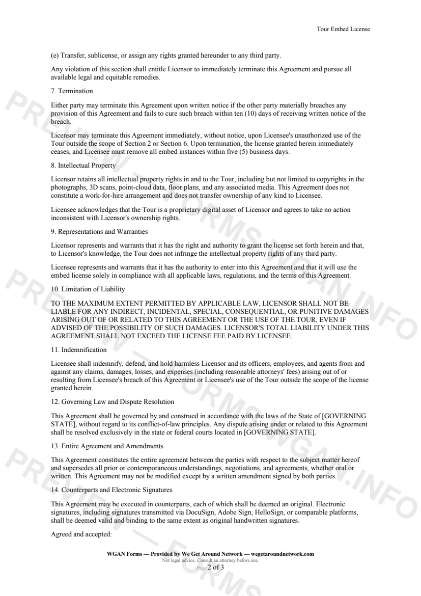 Tour Embed License — page 2 preview covering Intellectual Property, Representations and Warranties, Limitation of Liability