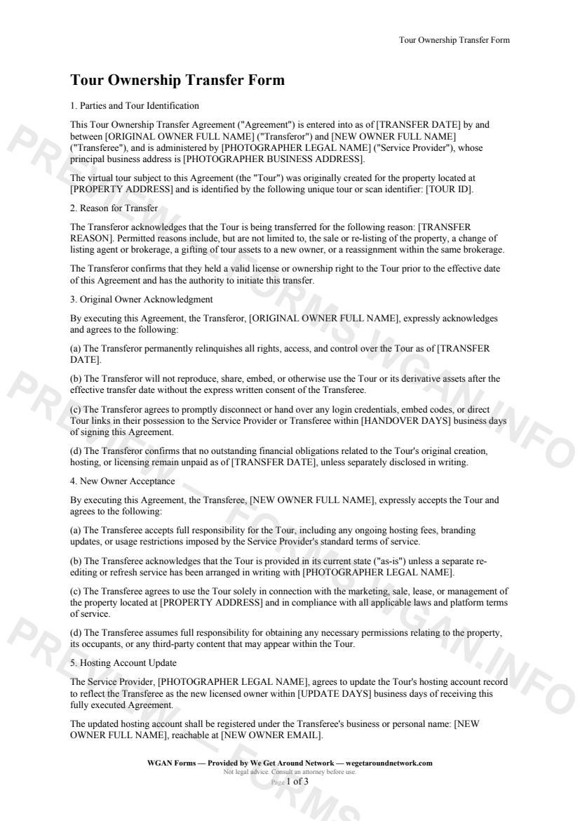 Tour Ownership Transfer Form — page 1 preview covering Parties and Tour Identification, Reason for Transfer, Original Owner Acknowledgment