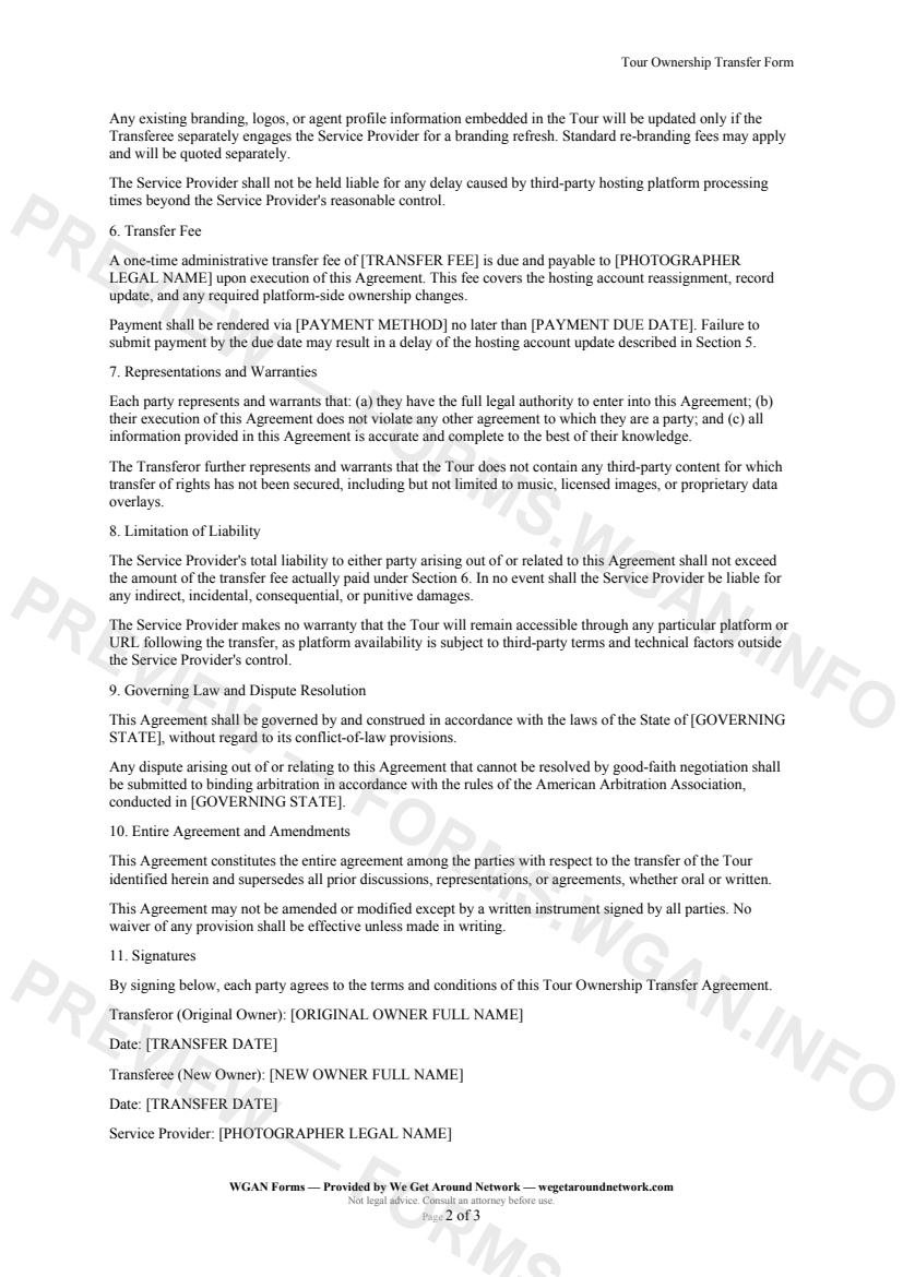Tour Ownership Transfer Form — page 2 preview covering Representations and Warranties, Limitation of Liability, Governing Law and Dispute Resolution