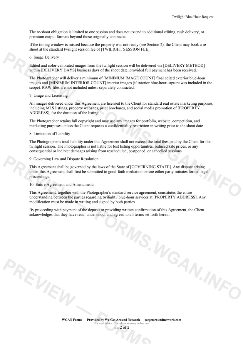 Twilight Blue Hour Request — page 2 preview covering Image Delivery, Usage and Licensing, Limitation of Liability