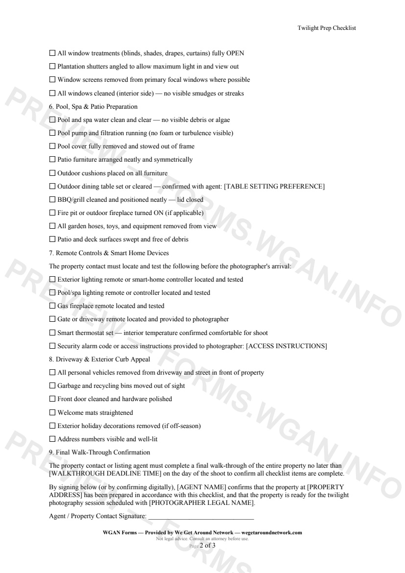 Twilight Prep Checklist — page 2 preview covering Pool, Spa & Patio Preparation, Remote Controls & Smart Home Devices, Driveway & Exterior Curb Appeal