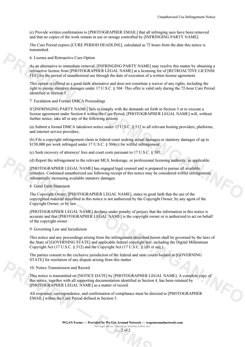 Unauthorized Use Infringement Notice — page 2 preview covering 6. License and Retroactive Cure Option, 7. Escalation and Formal DMCA Proceedings, 8. Good Faith Statement