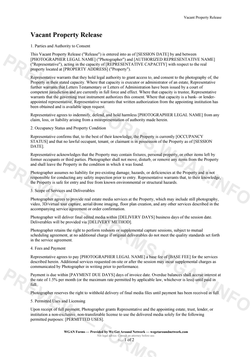 Vacant Property Release — page 1 preview covering Parties and Authority to Consent, Occupancy Status and Property Condition, Scope of Services and Deliverables
