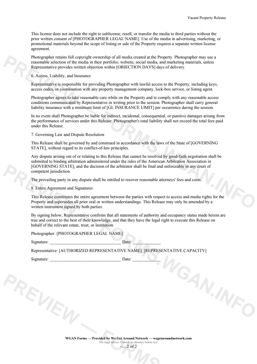 Vacant Property Release — page 2 preview covering Permitted Uses and Licensing, Access, Liability, and Insurance, Governing Law and Dispute Resolution