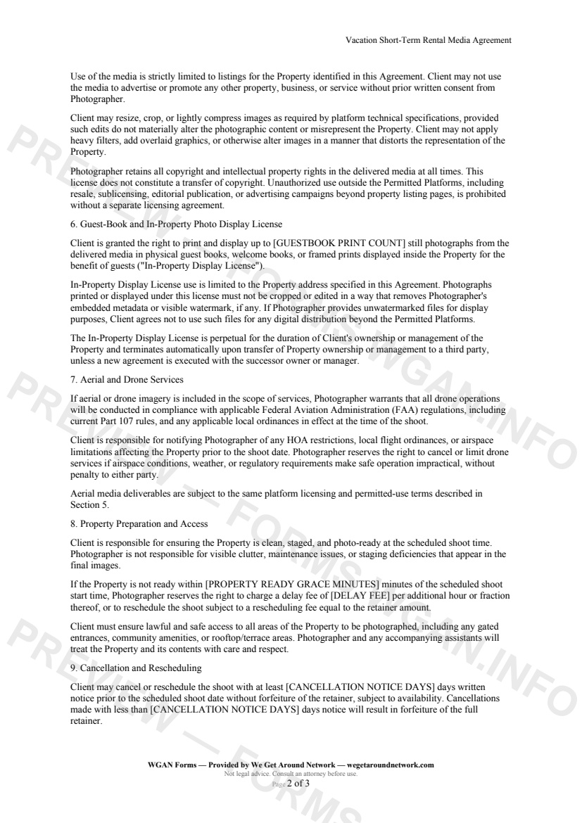 Vacation Short-Term Rental Media Agreement — page 2 preview covering 8. Property Preparation and Access, 9. Cancellation and Rescheduling, 10. Copyright, Portfolio, and Promotional Use