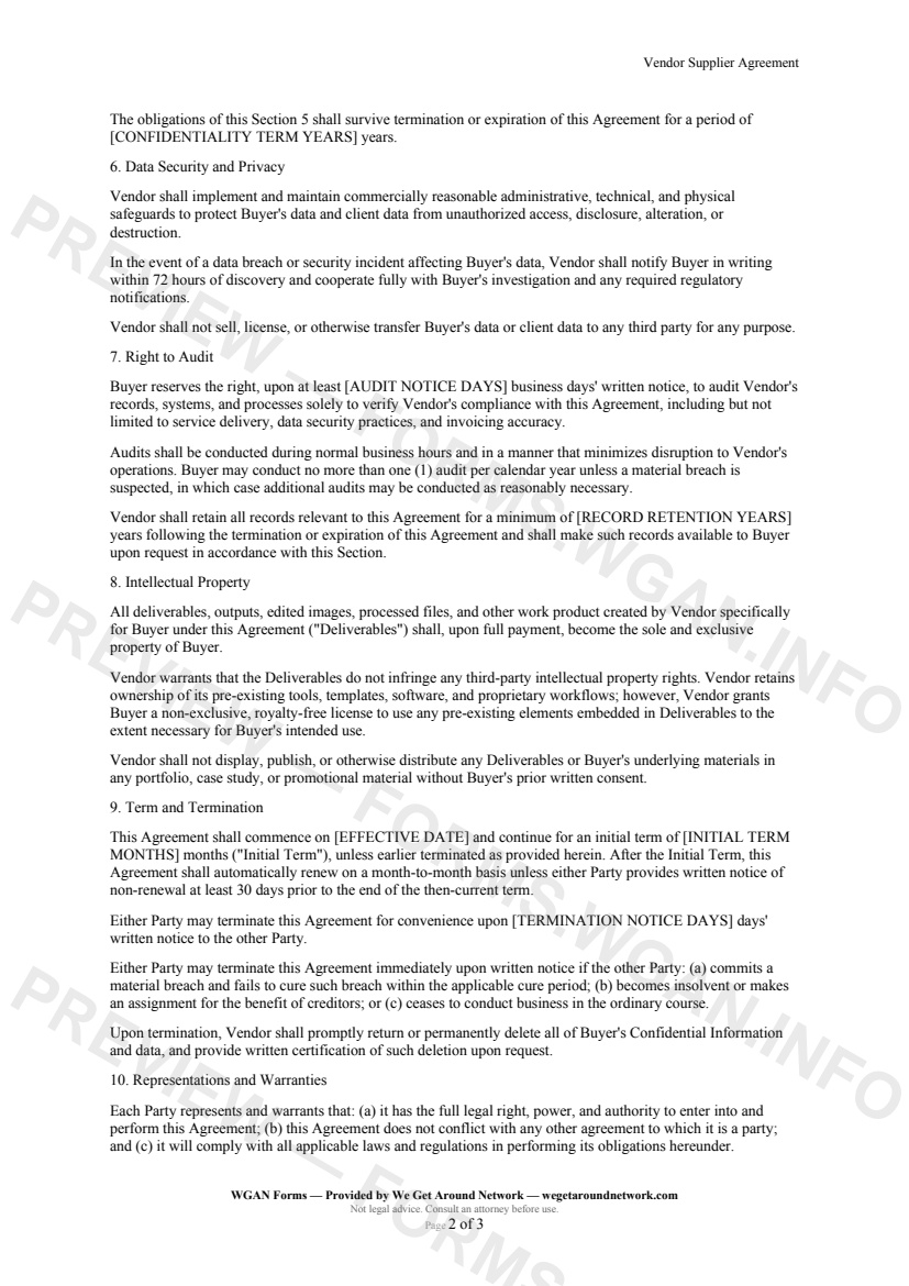 Vendor Supplier Agreement — page 2 preview covering Term and Termination, Representations and Warranties, Limitation of Liability