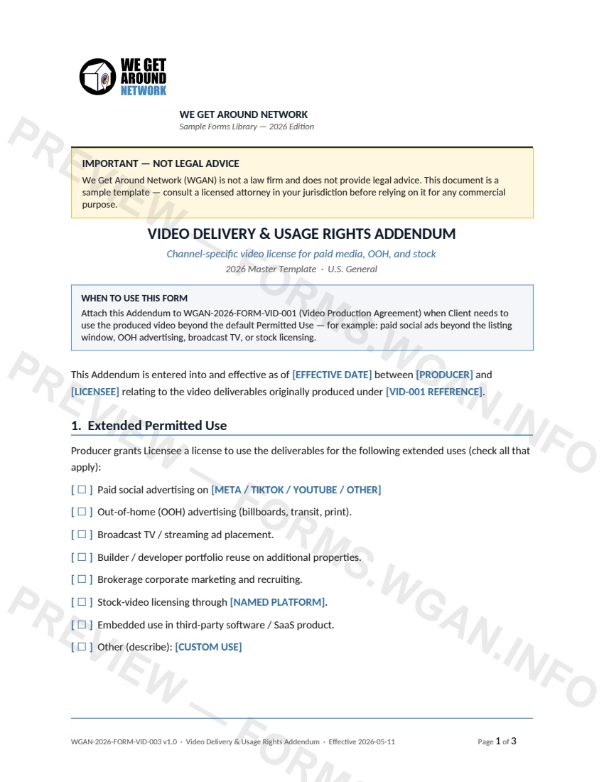 Video Delivery & Usage Rights Addendum — page 1 preview covering 1. Extended Permitted Use, 2. Term, Territory, and Channels, 3. Music and Voiceover Verification