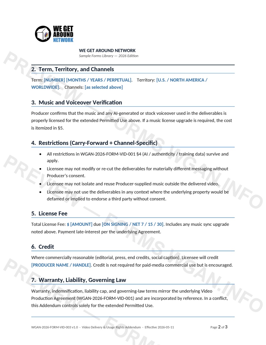 Video Delivery & Usage Rights Addendum — page 2 preview covering 5. License Fee, 6. Credit, 7. Warranty, Liability, Governing Law