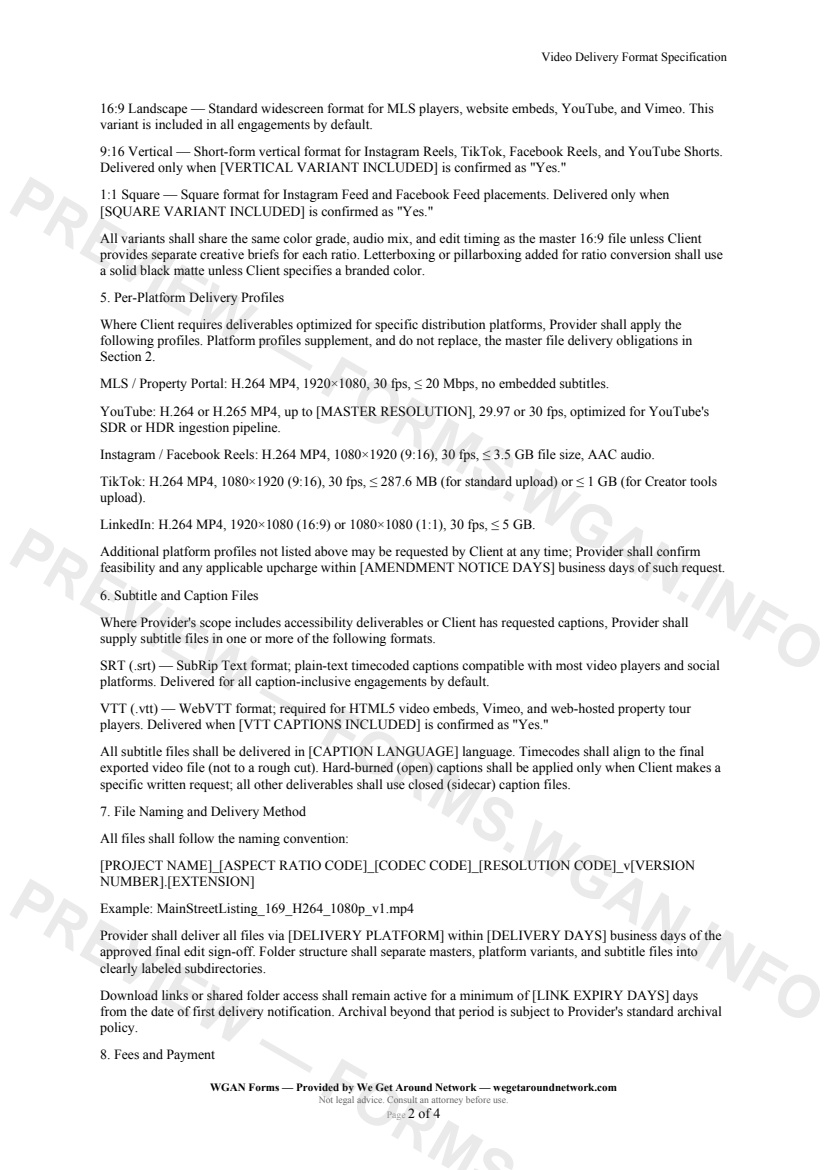 Video Delivery Format Specification — page 2 preview covering Fees and Payment, Quality Assurance and Acceptance, Intellectual Property and Usage Rights