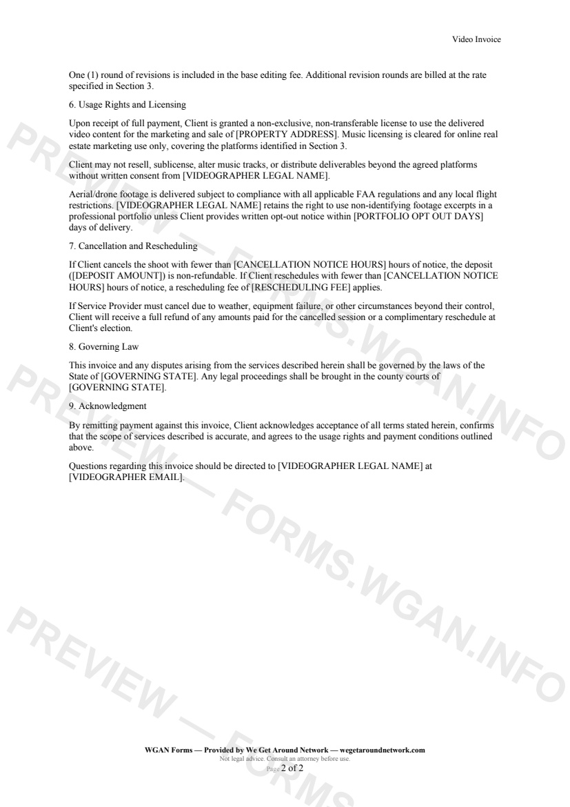 Video Invoice — page 2 preview covering Usage Rights and Licensing, Cancellation and Rescheduling, Governing Law