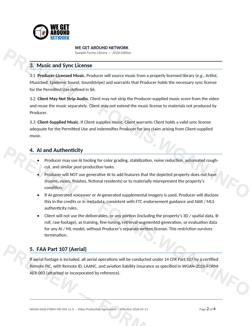 Video Production Agreement — page 2 preview covering 7. Talent and Releases, 8. Fees, Cancellation, and Delivery, 9. Revisions